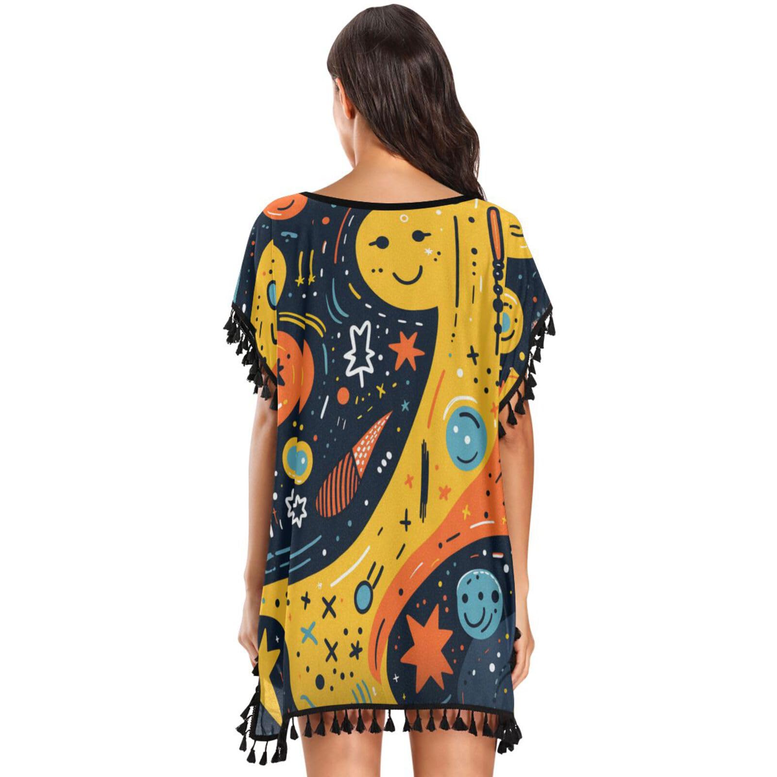 Cartoon Abstract Art Star Space Women's Beach Cover Up Chiffon Tassel Swimwear Swimsuit Coverups for Girl