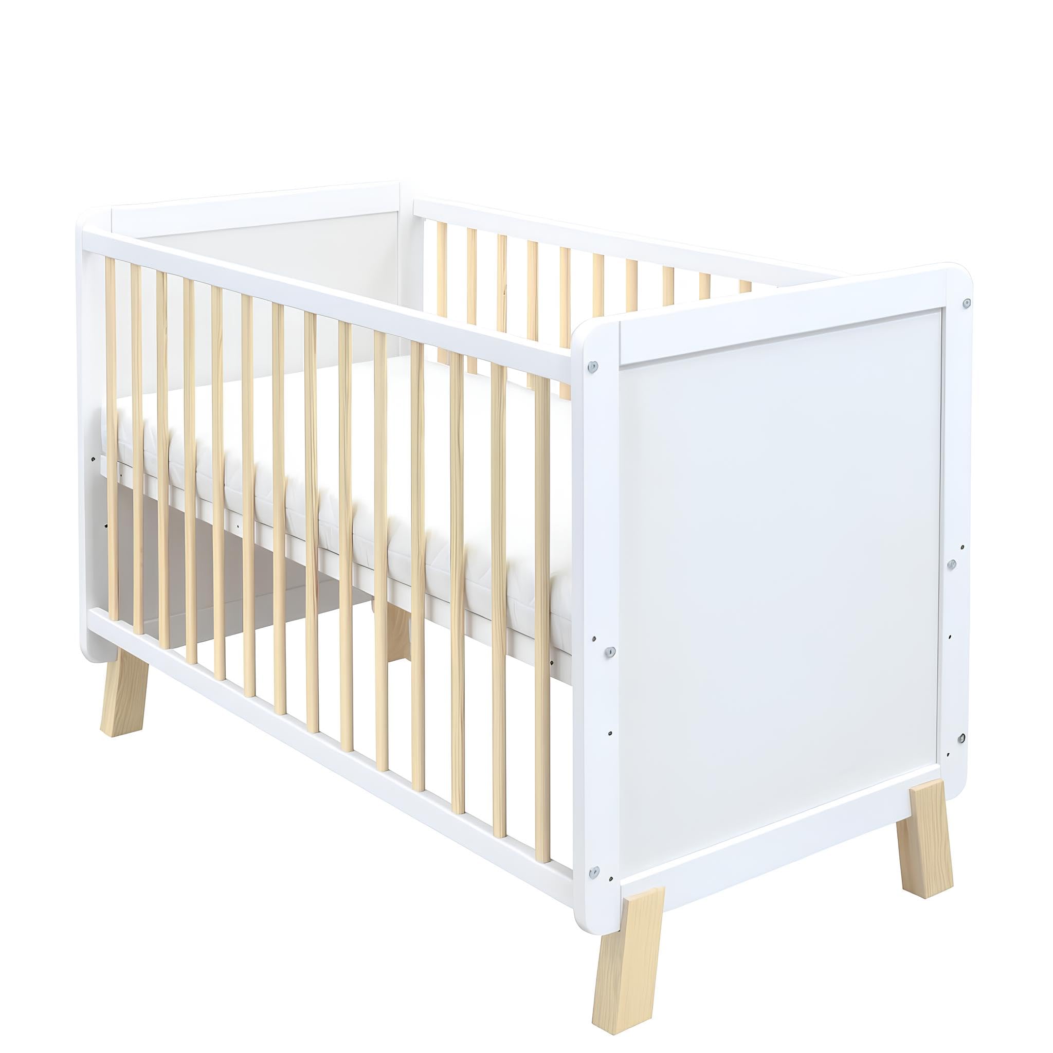 Generisch Baby Delux Babybett 60x120 Kinderbett umbaubar zum Juniorbett weiß höhenverstellbar mit Schlupfsprossen (Lou weiß Kiefer)
