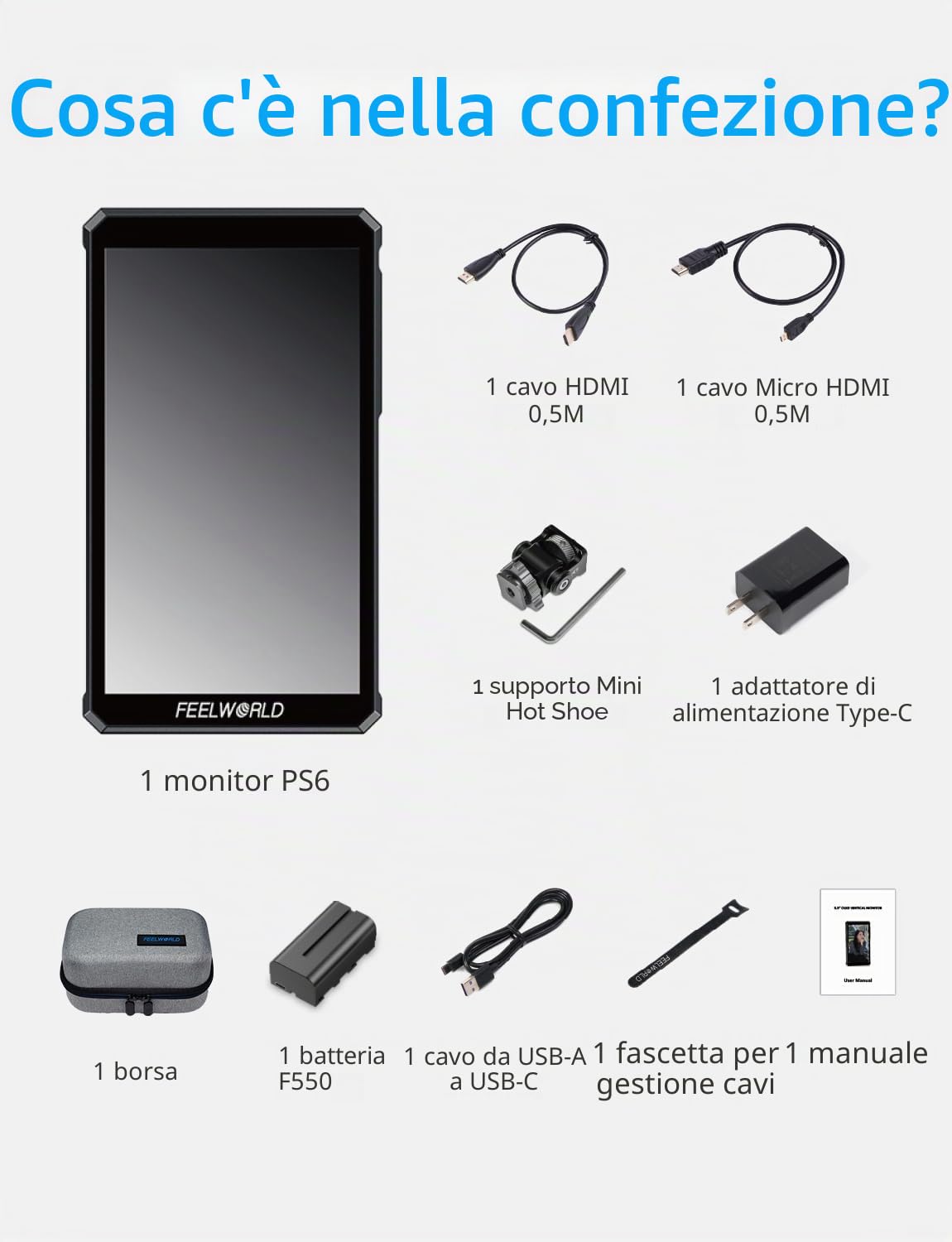 FEELWORLD PS6 Monitor da campo per videocamera da 5,5 pollici OLED verticale/orizzontale con batteria da 2200 mAh e borsa per videocamera, touchscreen, forma d'onda, 3D LUT, istogramma per cortometra