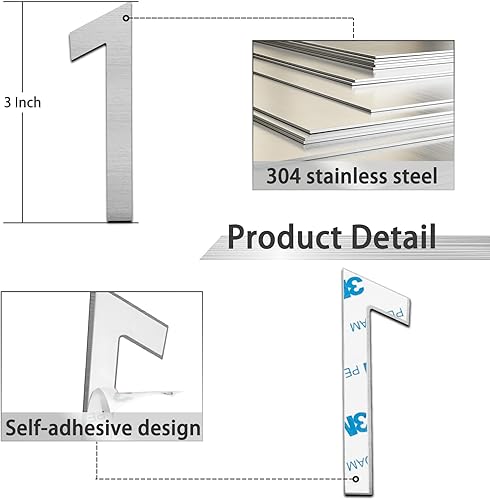 Miniatura 10 de Números de casa modernos de 3 pulgadas, número de buzón de correo plateado cepillado, material de acero inoxidable, números de puerta autoadhesivos