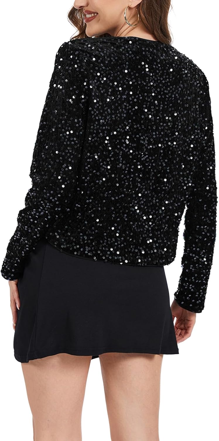 Womens Velvet Sequin Jackets Cardigan 2025 Long Sleeve Party Concert Outfits Halloween Sparkly Jacket - Image 4