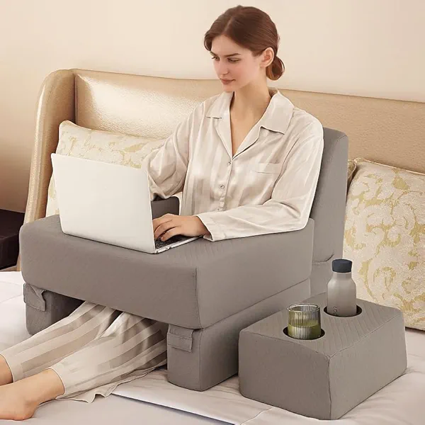 Giantex Reading Pillow for Gaming, Extra Large Lap Desk for Laptop with Back Arm Rest & Cup Holder for Adult, Adjustable Gaming Pillow for Reading Crochet Working & Writing on Bed Floor Sofa & Couch