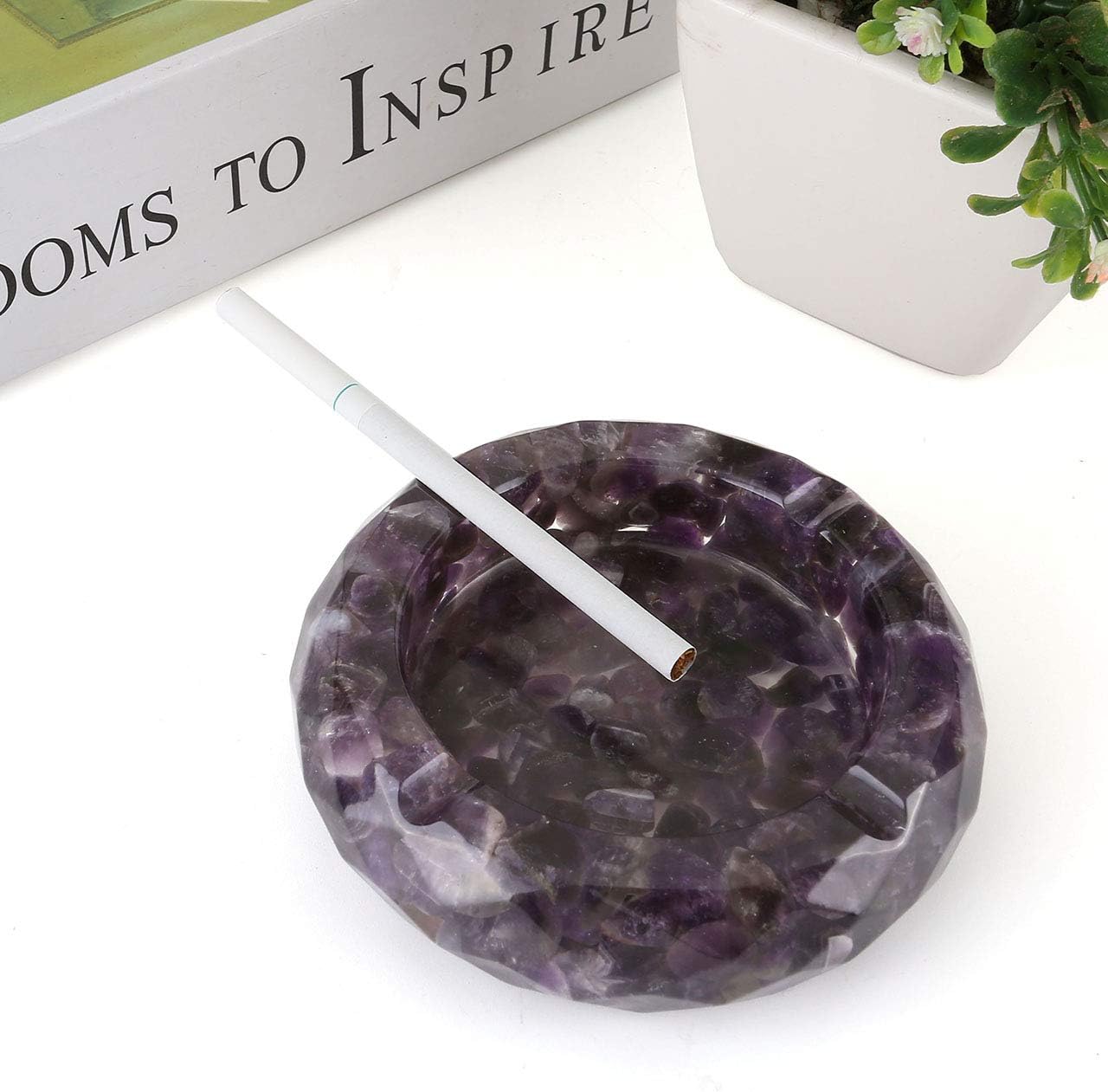Yoption Amethyst Crystal Ashtray, Resin with Tumbled Chip Stones Ashtray for Living Room, Home, Office Decoration, Gift
