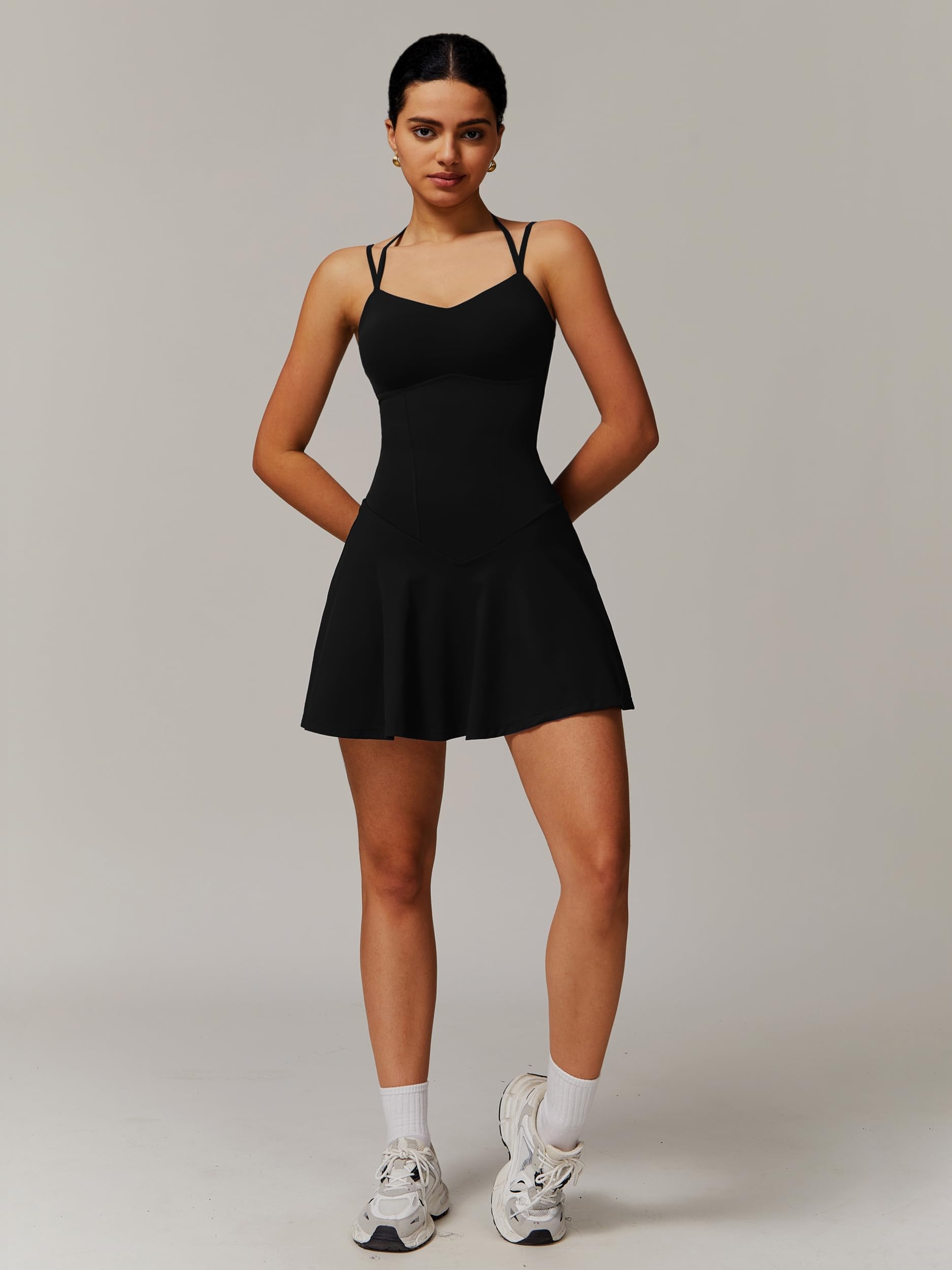 OMEWEE Damen-Tenniskleid mit Shorts und integriertem BH, Herzausschnitt, ärmellos, Golfkleid, Sportkleid, Sportkleider mit Taschen
