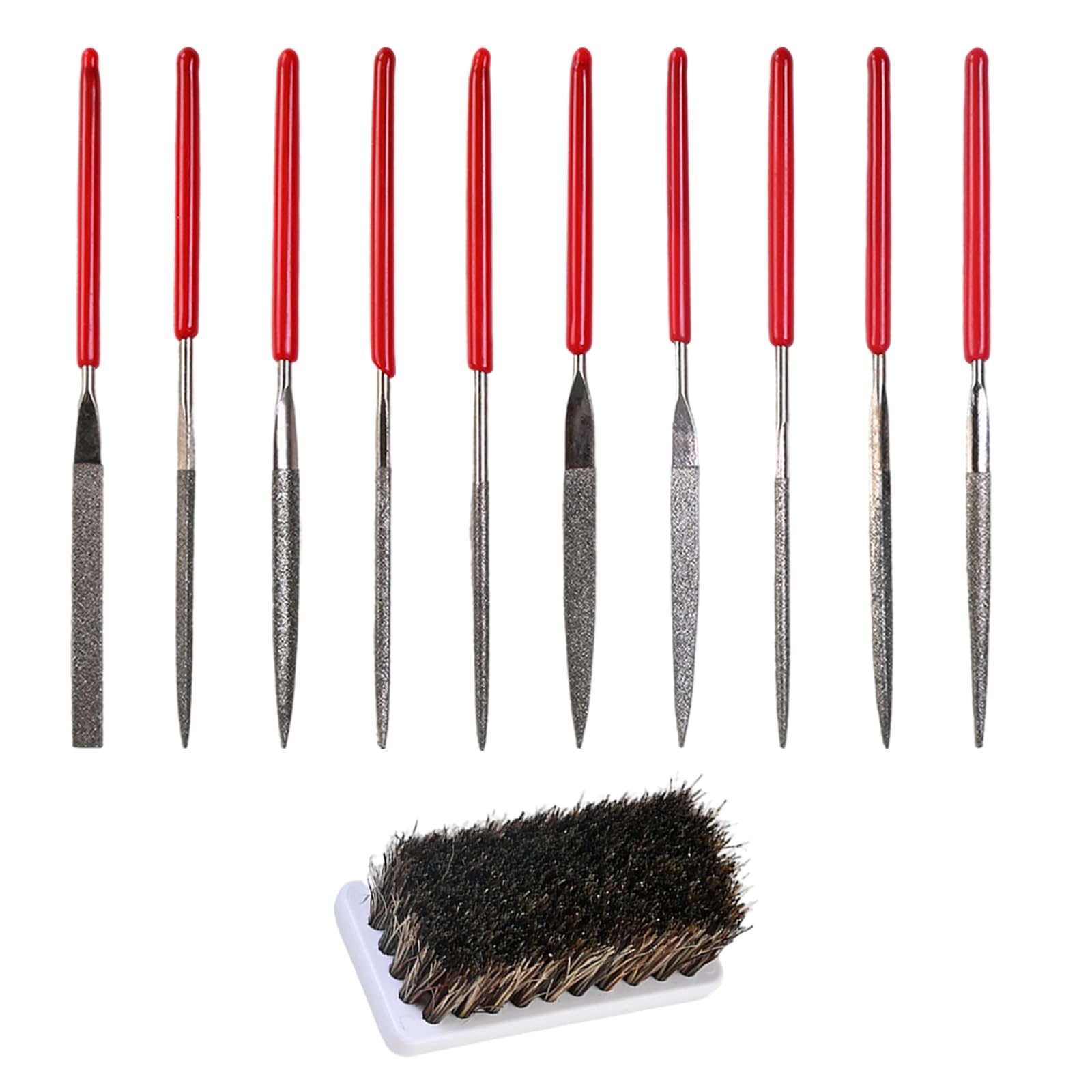 Juego de Limas Aguja Diamante, 10 Piezas 2 x 100 mm Limas Mini Redondas de Precisión, Herramientas para Metal Madera Plástico Joyería, Incluye Cepillo sin Mango de Cerdas Negras, Diamante