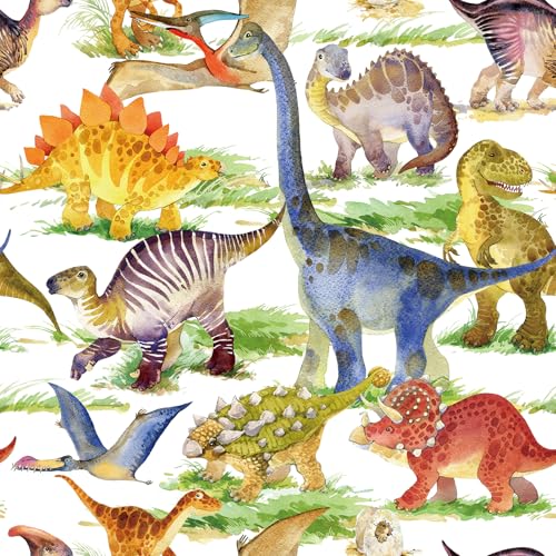 HelloWall Dinosaur Wallpaper Peel and Stick Dinosaur Contact Paper for Kids Wallpaper Girls Boys Room Nursery Bedroom Vinyl Colorful Pink Green Blue Orange Vintage Dino Forest Renter Friendly 17.5x80