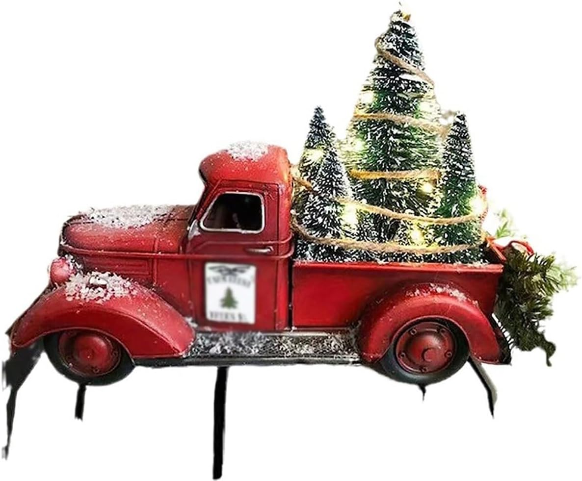 Christmas Vintage Red Truck, Red Truck Farmhouse Table Decor for Home and Coffee Metal Vehicle with Mini Christmas Tree