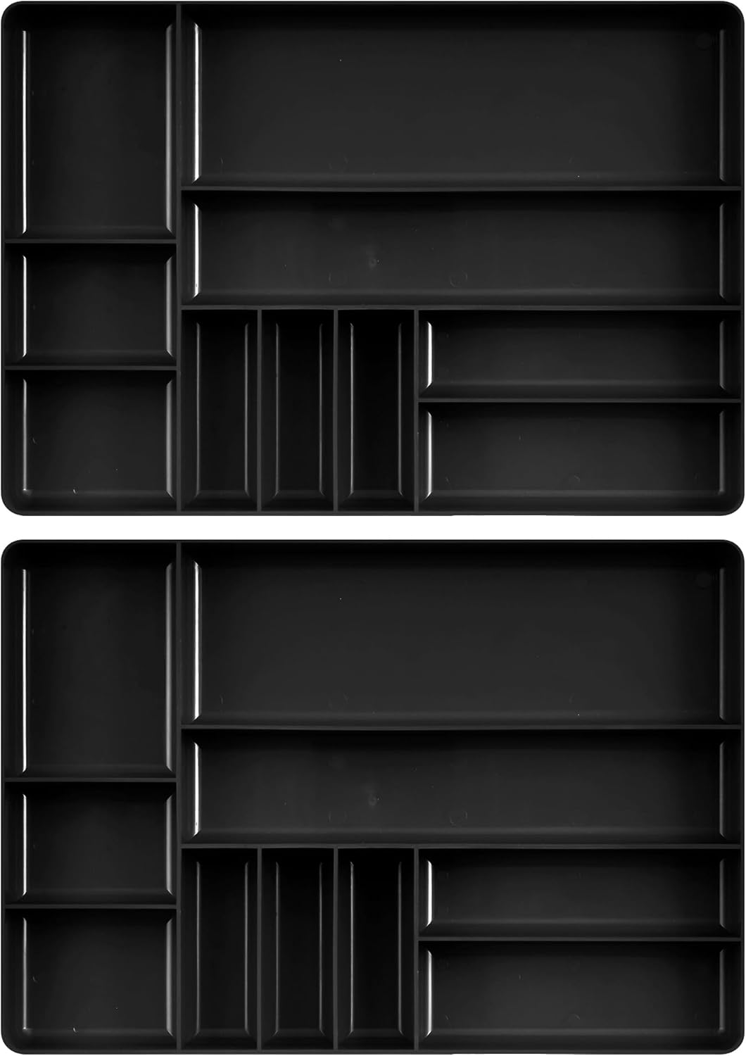 Ernst Manufacturing 2 Pack of 10 Compartment Trays For Toolbox Drawer Organization, Stackable, Sturdy, Fuel and Solvent Resistant, Thick Plastic - Black - Made in the USA
