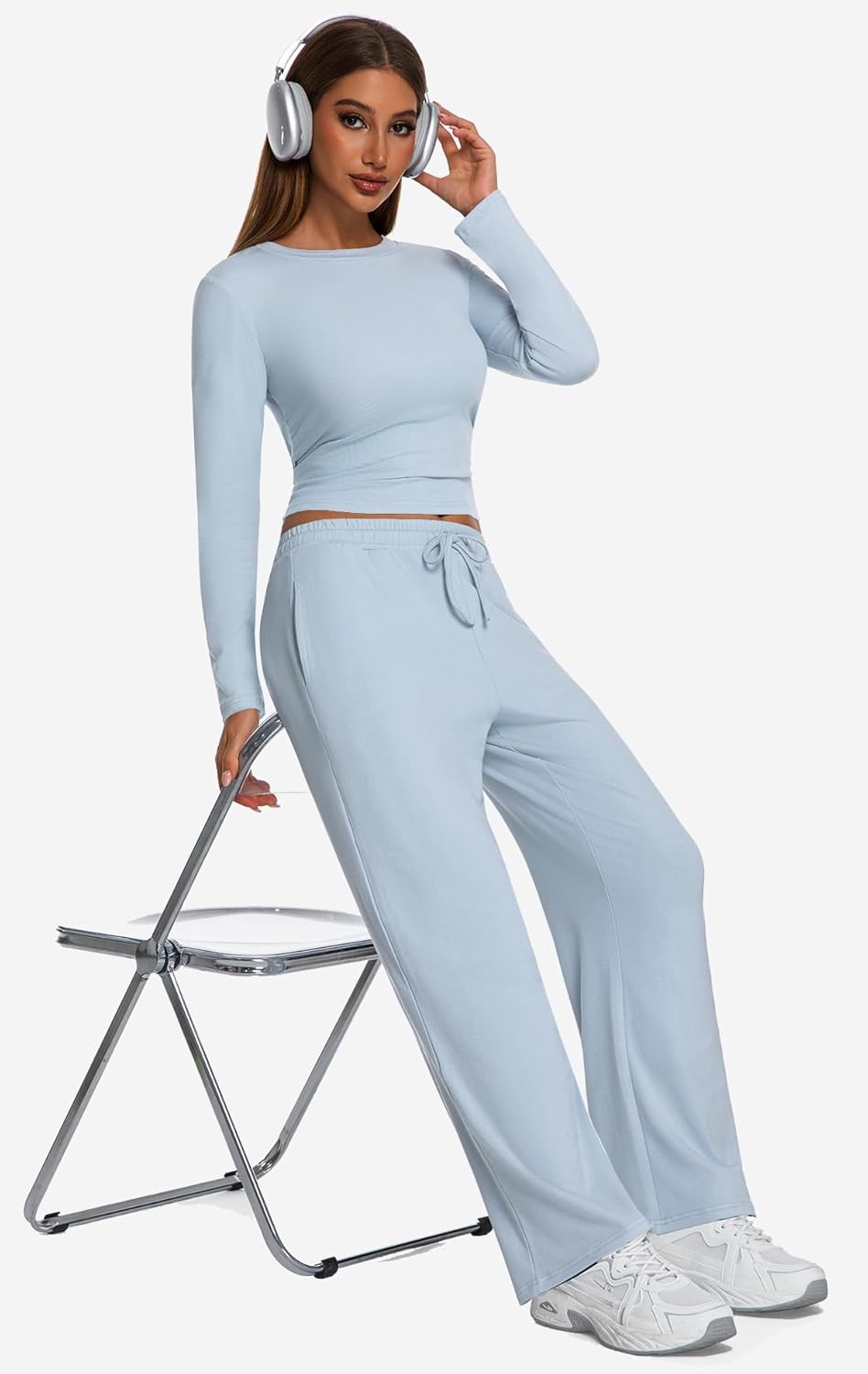 Women's 2 Piece sets of matching lounge suits for ladies: long-sleeved top, wide-leg pants and casual sportswear - Image 5