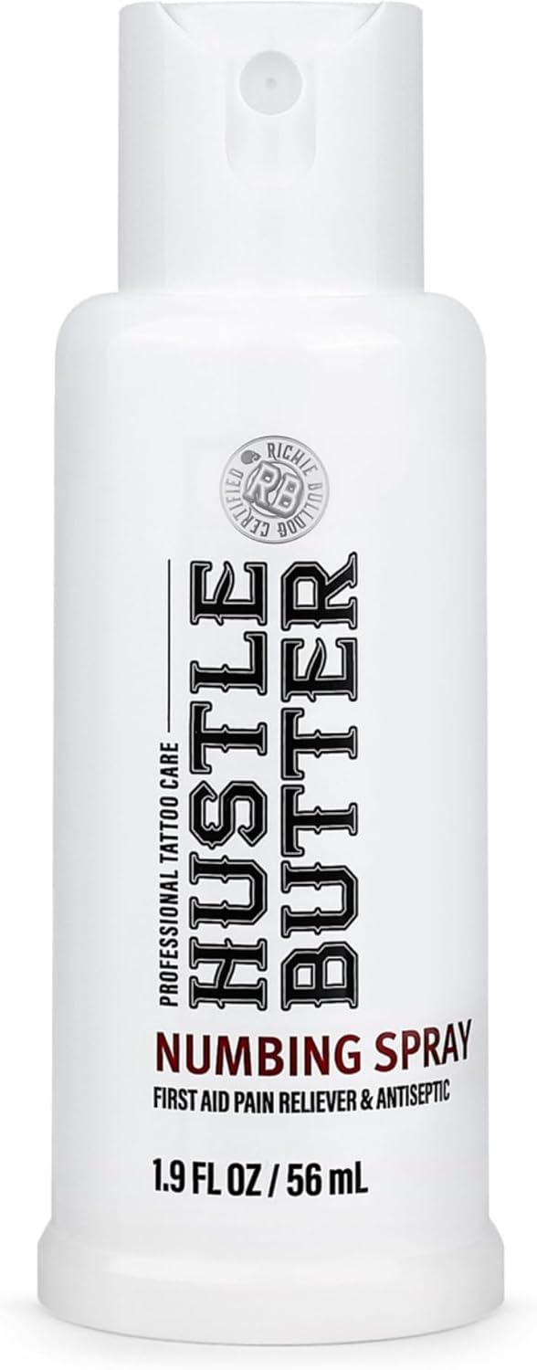 Hustle Butter Tattoo Numbing Spray – Tattoo Numbing Cream Alternative, Use In Process, Dual-Action Pain Relief & Antiseptic Cleanser for Tattoos, 4% Lidocaine, (1.9 oz)