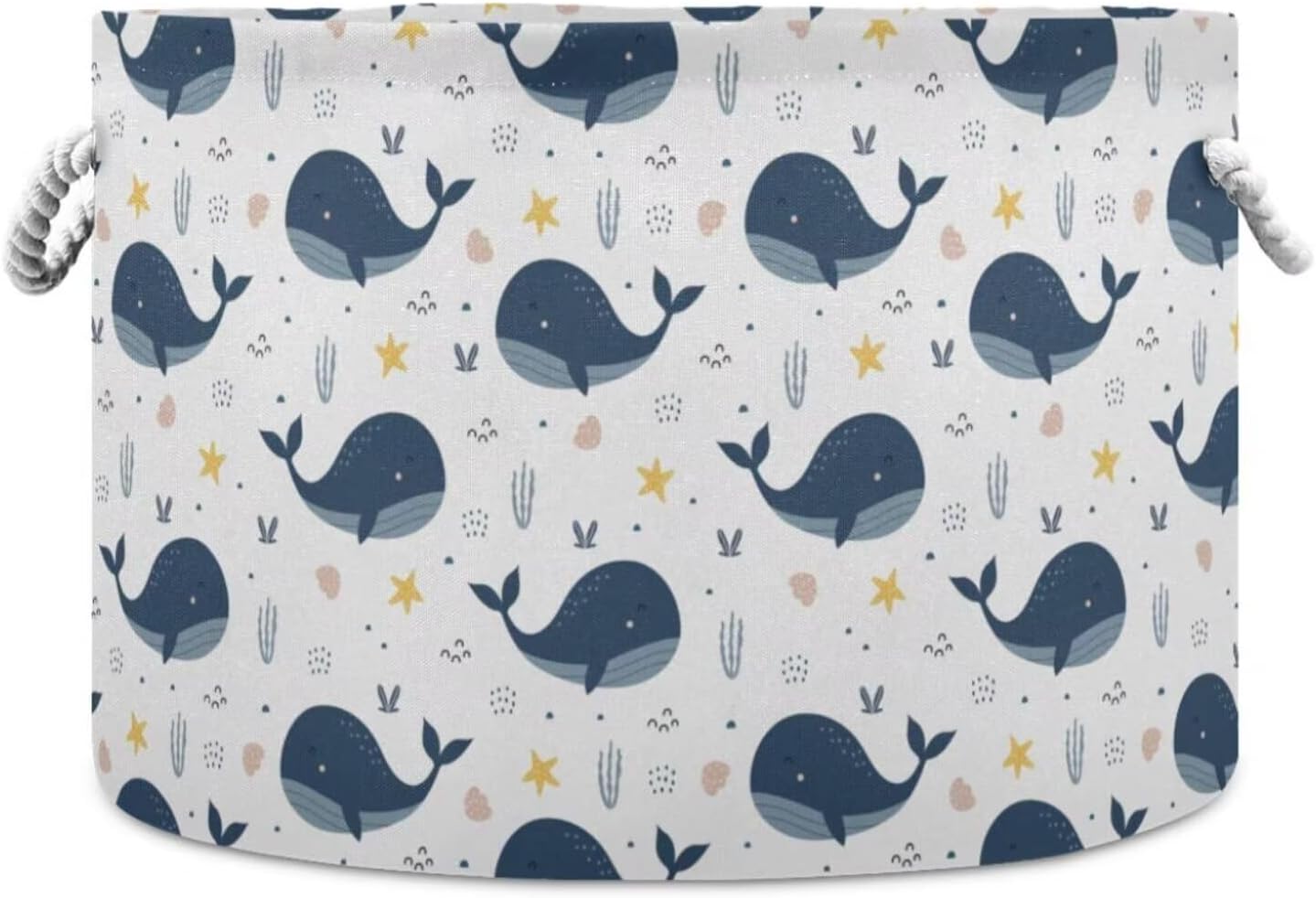 Sea Blue Whale Print Round Storage Basket Ocean Animal Large Laundry Hamper 20 x 20 x 14 Inches Organizer Bin with Cotton Rope Handles Clothes Storage Bag for Nursery Bedroom Living Room Decor