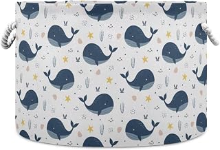 Sea Blue Whale Print Collapsible Round Storage Basket with Handles | Ocean Animal Large Laundry Baskets Hamper, Clothes Organizer Bin for Nursery Bedroom Living Room Decor, 20x 20x 14 Inches