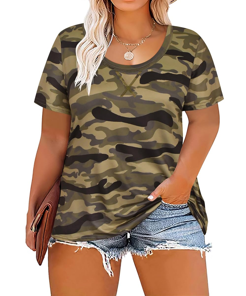 CARCOS Plus Size Tops for Women Short Sleeve Shirt Summer Star/Leopard/Tie Dye/Flower Crewneck Pullover Tunic XL-5XL