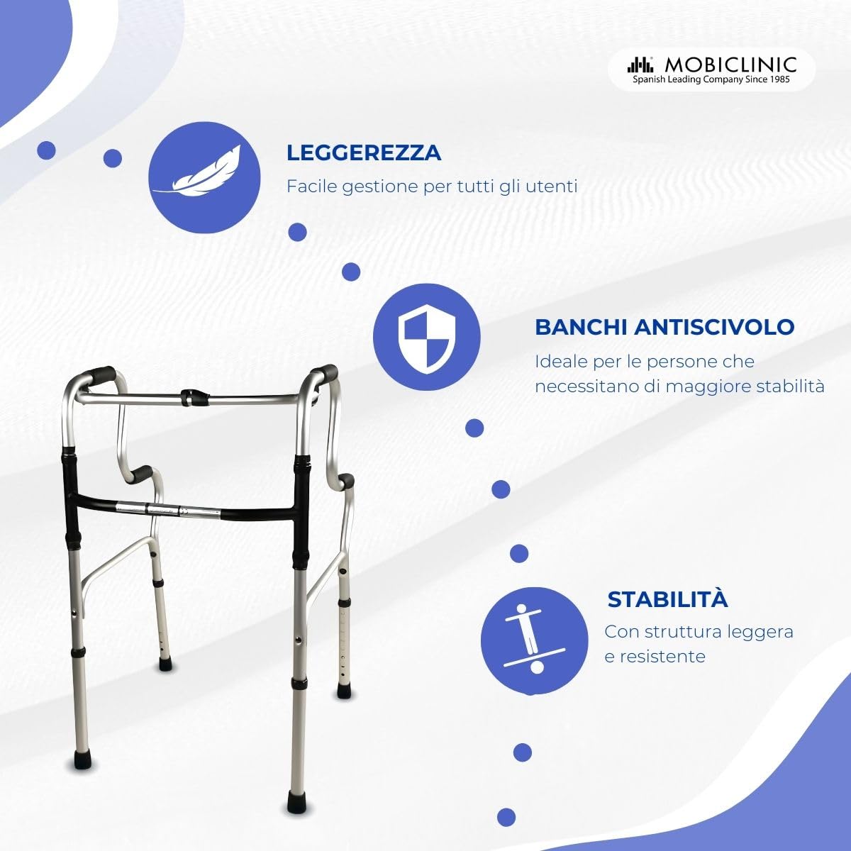 Mobiclinic®, Deambulatore per anziani, Pórtico, Marchio europeo, Girello adulti, Pieghevole e leggero, In alluminio, Senza ruote, Gommini antiscivolo