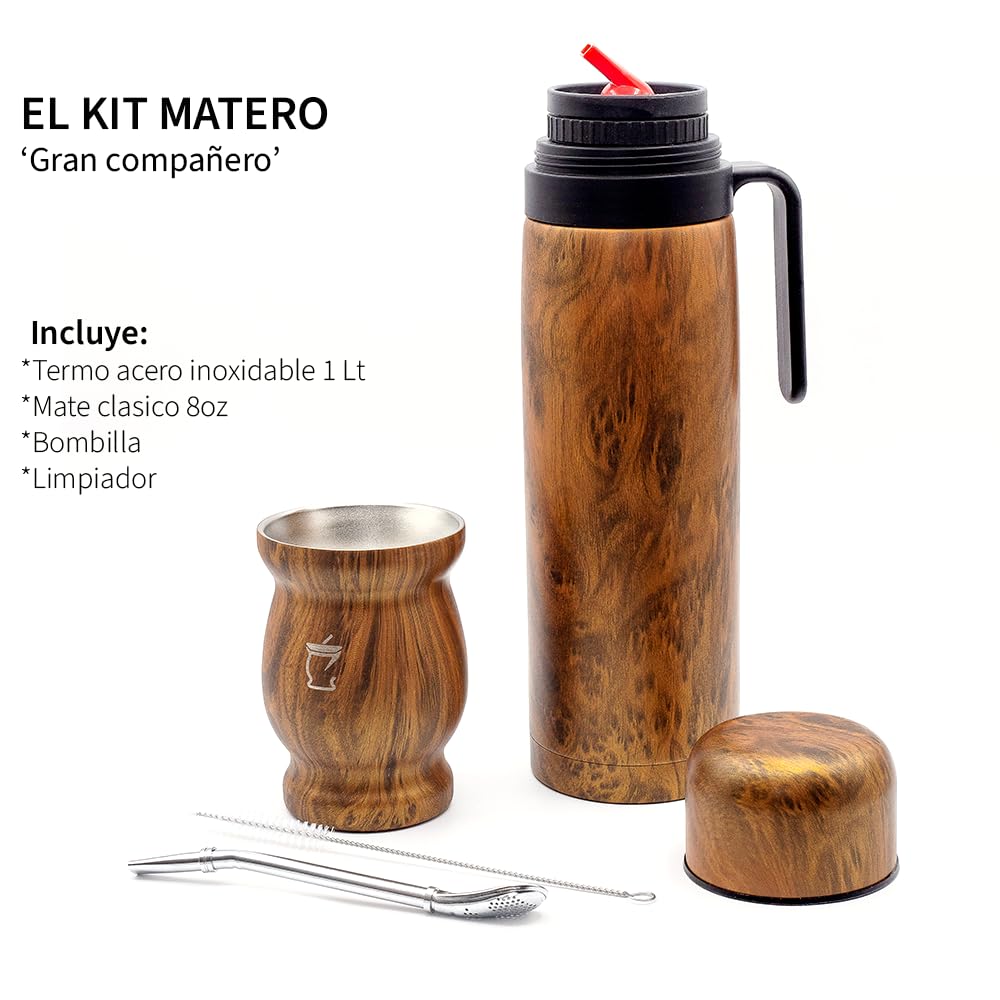 Kit con Mate, Termo y Bombilla de Acero Inoxidable - incluye vaso térmico con doble pared - libre de BPA (Marrón)