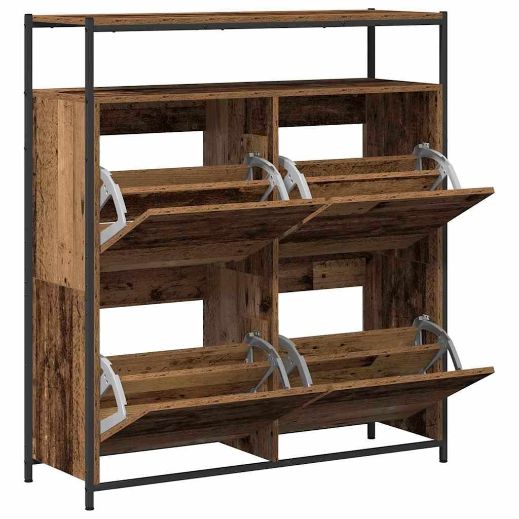 Zapatero con estante Madera vieja 100 x 34 x 112 cm | Madera mecanizada, patas de acero negro, puertas con bisagras, interiores, fáciles de montar