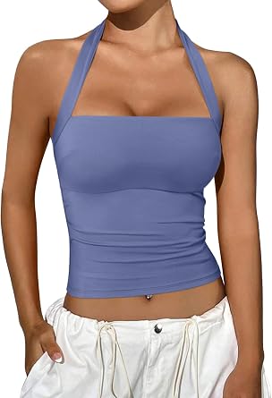 REORIA Halter Tops for Women Summer Sleeveless Going Out Outfits Y2K Trendy Cute Crop Tank Top Clothes