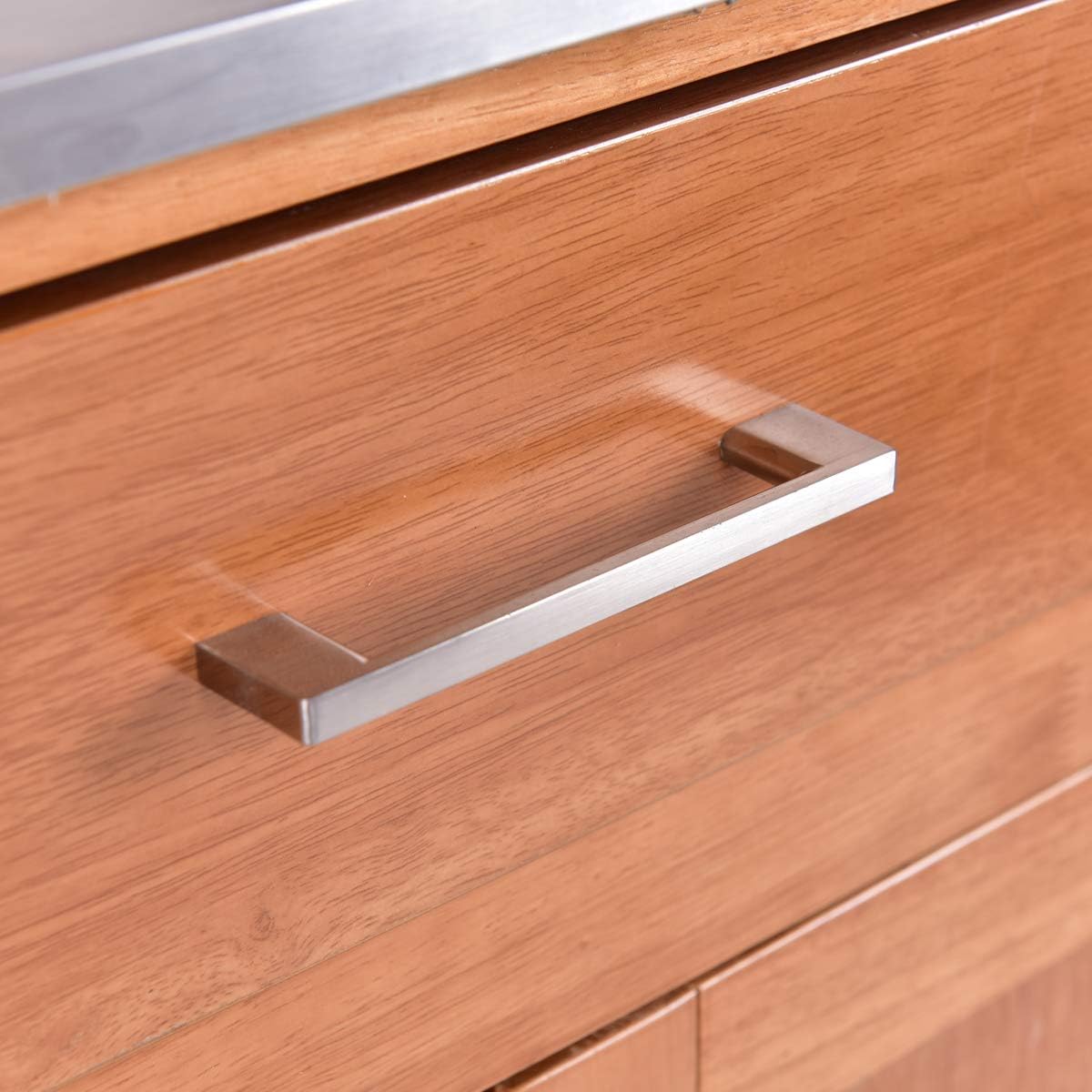 Goplus kitchen cart with cabinet doors open, showing items on shelves