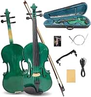 Violino elétrico 4/4 tamanho completo 4 cordas violino acústico abeto bordo madeira de ébano com capa, arco feito à mão para iniciantes, estudantes, profissionais (verde)