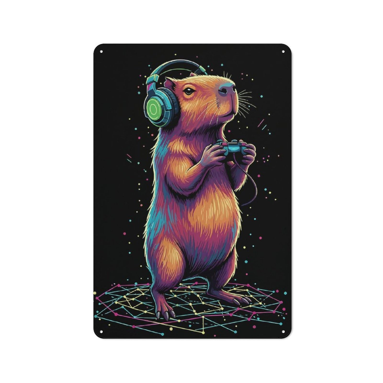 Junmoney Style-14 Shed Style Capybara Gamer With Headphones(2) Tin Sign 30X20cm, Utility Space Decor For Greenhouse, Garden Room, Cafe Or Entryway