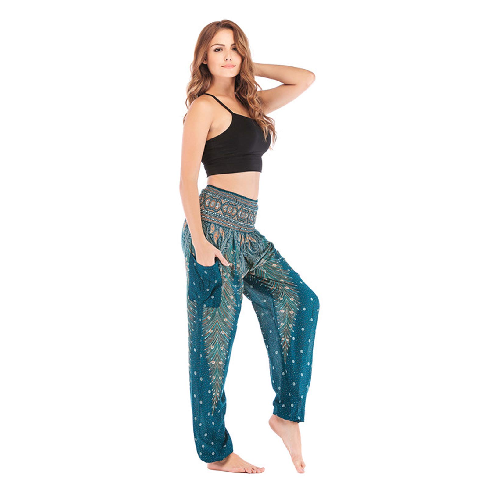 Sarouel Femme Pantalon Hippie Élastique Pantalon Jogger Poche Baggy Taille Haute Gym Sport Lounge Pantalon pour Yoga Summer Plage 002-Taille Unique