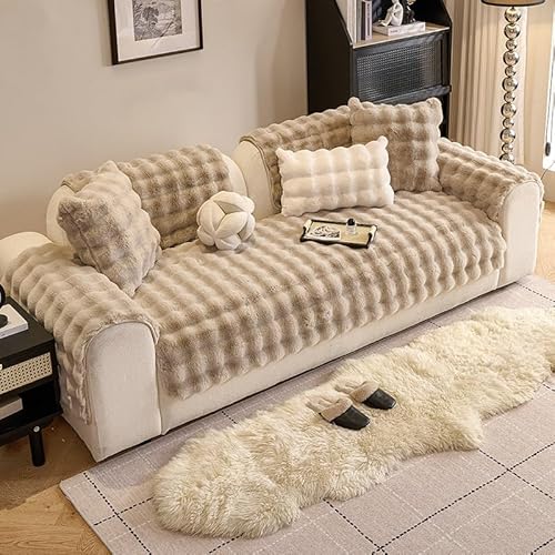 滑り止め加工の超ソフトファーファブリックソファカバー、ふわふわで心地よいソファカバー、セクショナルソファ対応・洗濯機洗い可能、ペット&子供向け多用途家具プロテクター(Cream Brown,110*160cm)