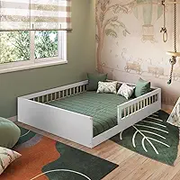 Cama Casal Infantil de Chão Montessoriana para Menino e Menina com Grade de Proteção Lateral