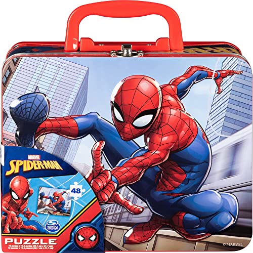 Marvel Spiderman 48 Piece Puzzle In Tin Lunchbox, Red, Blue, White #TOP1