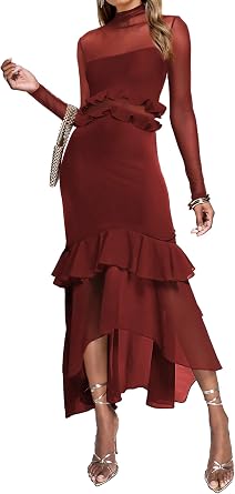 SEBOWEL Women's Long Sleeve Maxi Dress Ruched Bodycon Formal Cocktail Dress for Wedding Guest Evening Dresses for Women