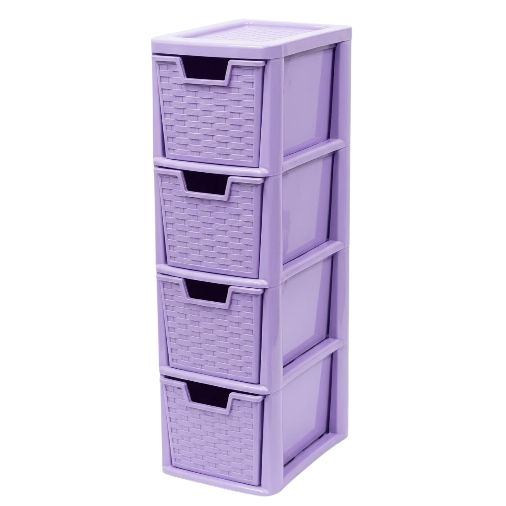 KYY'Z Rattan Effect Drawer Plastic Storage Organizer- Multipurpose Storage Drawer Unit Home Kitchen Office School Garage Bedroom Bathroom Stationery Toys 25Dx19Wx 62Hcm (Lilac, 4 Tier)