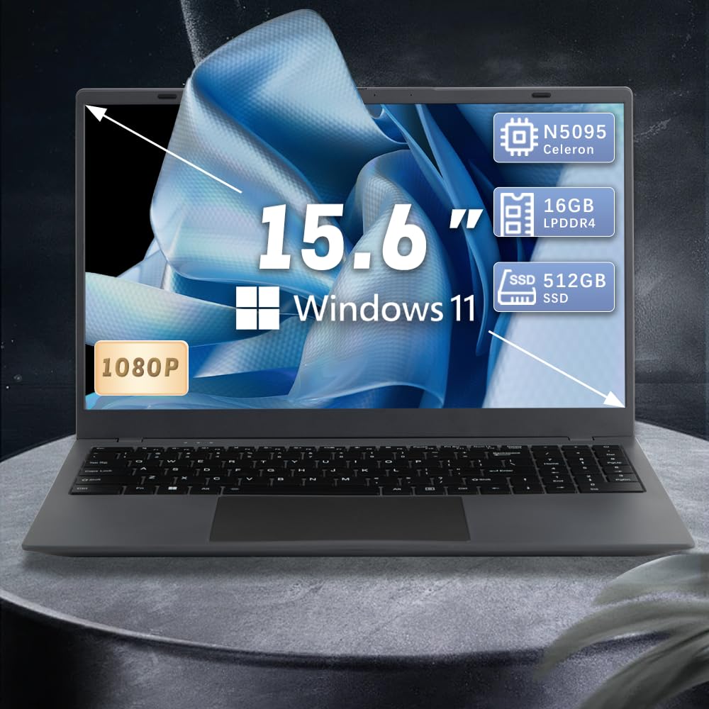 NINGMEILaptop Computer | 15.6'' HD Display | 1920X1080 FHD IPS | Intel Celeron N5095 4-Core Processor |16GB RAM | 512GB SSD | Supports 180° Angle Opening | WiFi with Windows 11 Laptop, Gray