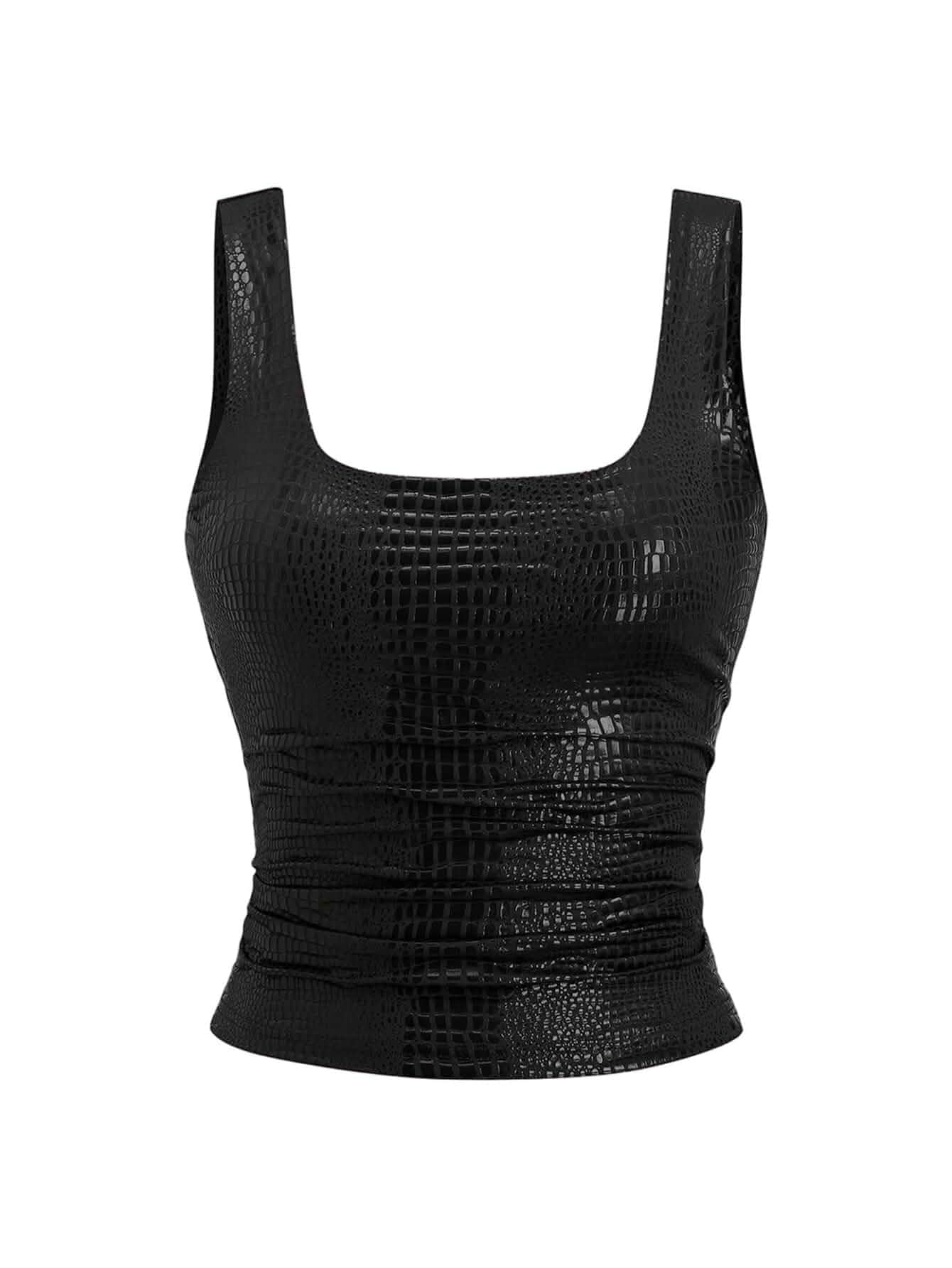 BEAUDRM Women's Y2K Faux Leather Tops Sexy Concert Tops Rave Club Outfits Ruched, Square Neck, Concert Tops for Women, Crop Tops, Y2k Outfits