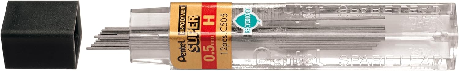Pentel Super Hi-Polymer Refill Leads, 0.5 mm, Grade H, 1 Pack of 12 Tubes
