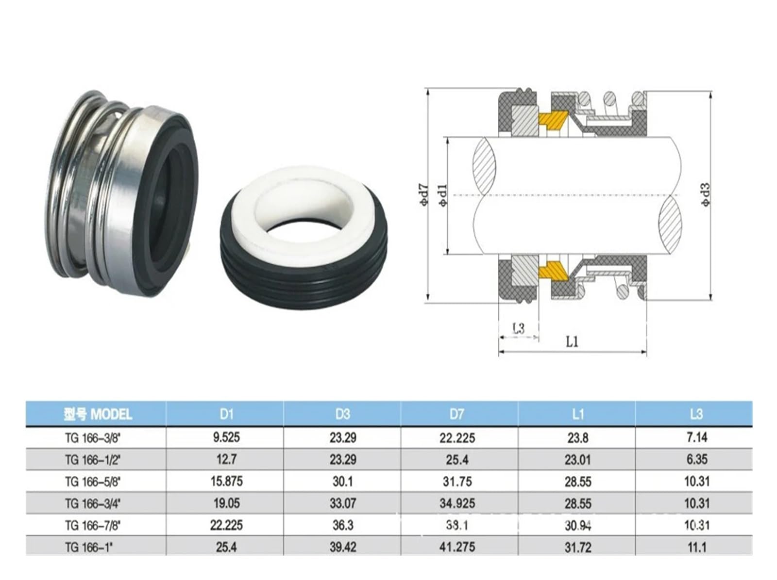 Herrajes de la Serie 166 for Sellos mecánicos de Eje de 3/8", 1/2", 5/8", 3/4", 7/8" y 1" con Resorte Simple for Piezas de Bombas de Agua.(15.88MM-CE-CA-NBR)