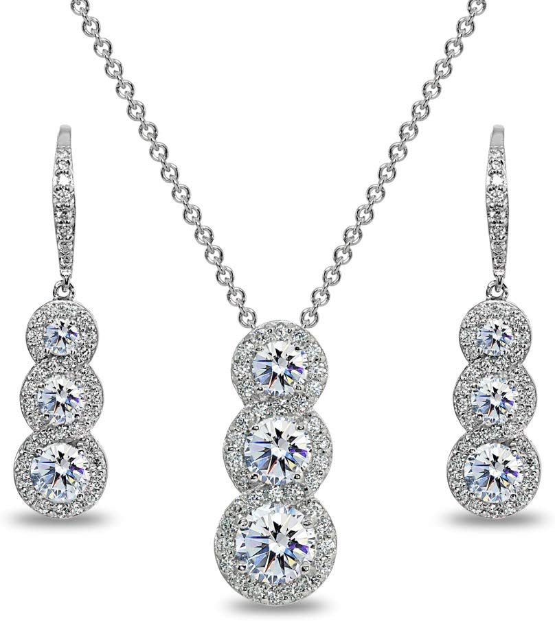 GemStar USA Sterling Silver Journey Halo 3-Stone Pendant Necklace & Earrings Set for Women Made with Swarovski Zirconia