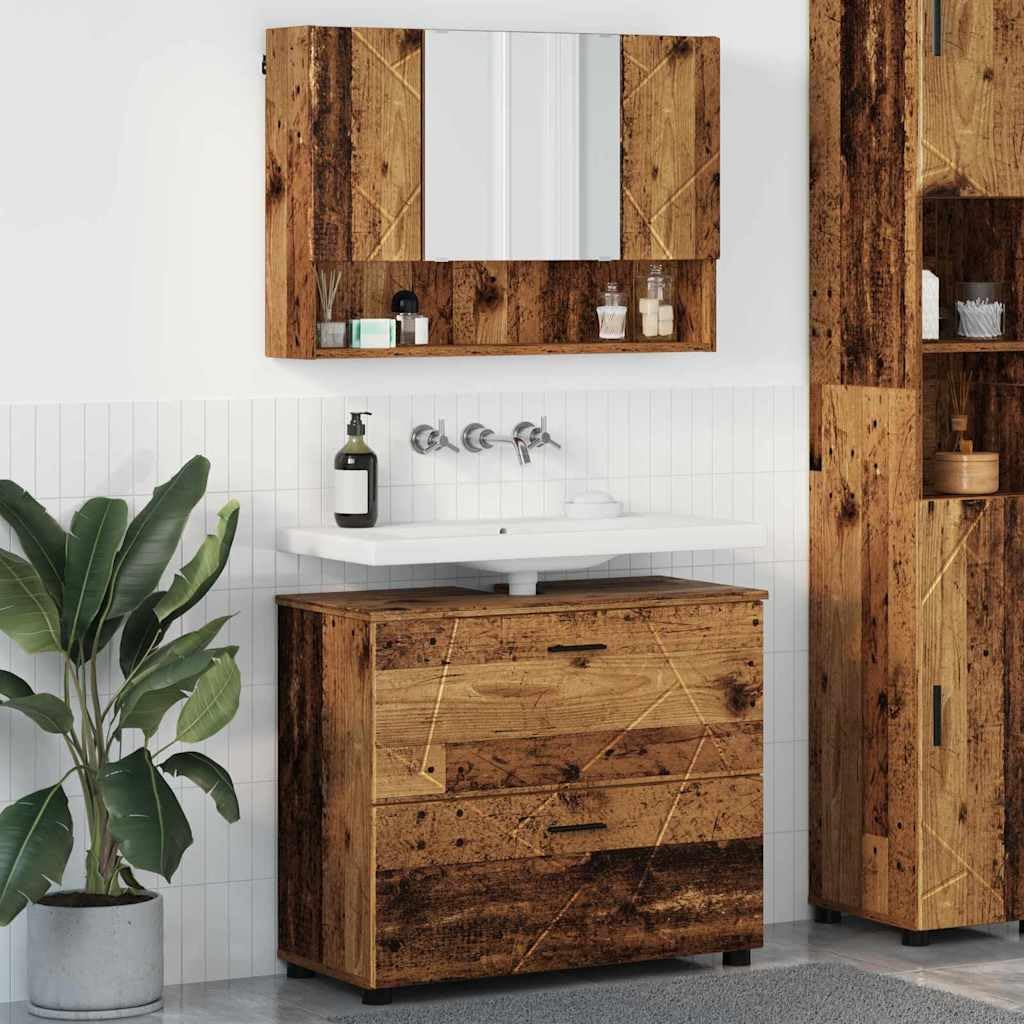 Armario de baño con espejo de madera contrachapada, 2 cajones y 7 estantes para aseo