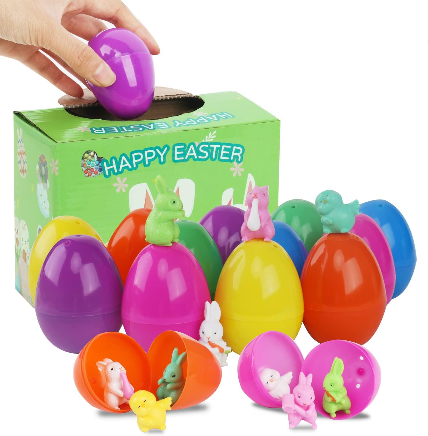 48 Pcs Easter Eggs,Colorful Prefilled Plastic Easter Eggs with Different Kinds of Mini Animals Toys Set Surprise Eggs, Easter Egg Hunt for Kids,for Miniature Garden Craft Decor Easter Decorations