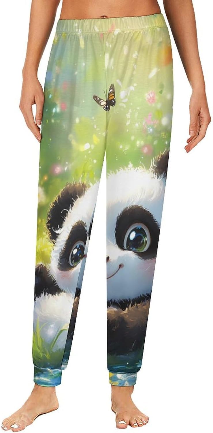 Cute Panda Butterflies Print Womens Pajama Pants Lightweight Pajama Bottoms Sleepwear Lounge Jogger
