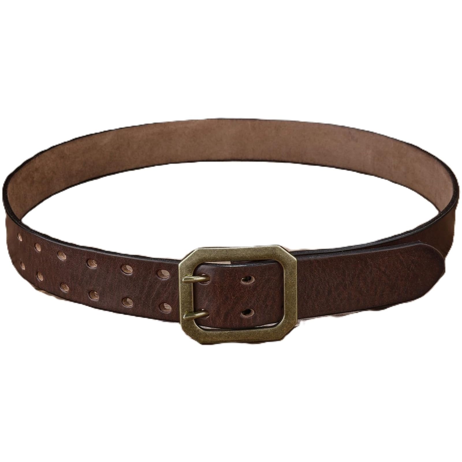 AGUTALITHIC Mens Double Prong Leather Casual Jeans Belt,Heavy Duty Double Pin Bronze Buckle Strap for Business and Daily Wear(120cm/47, Coffee)