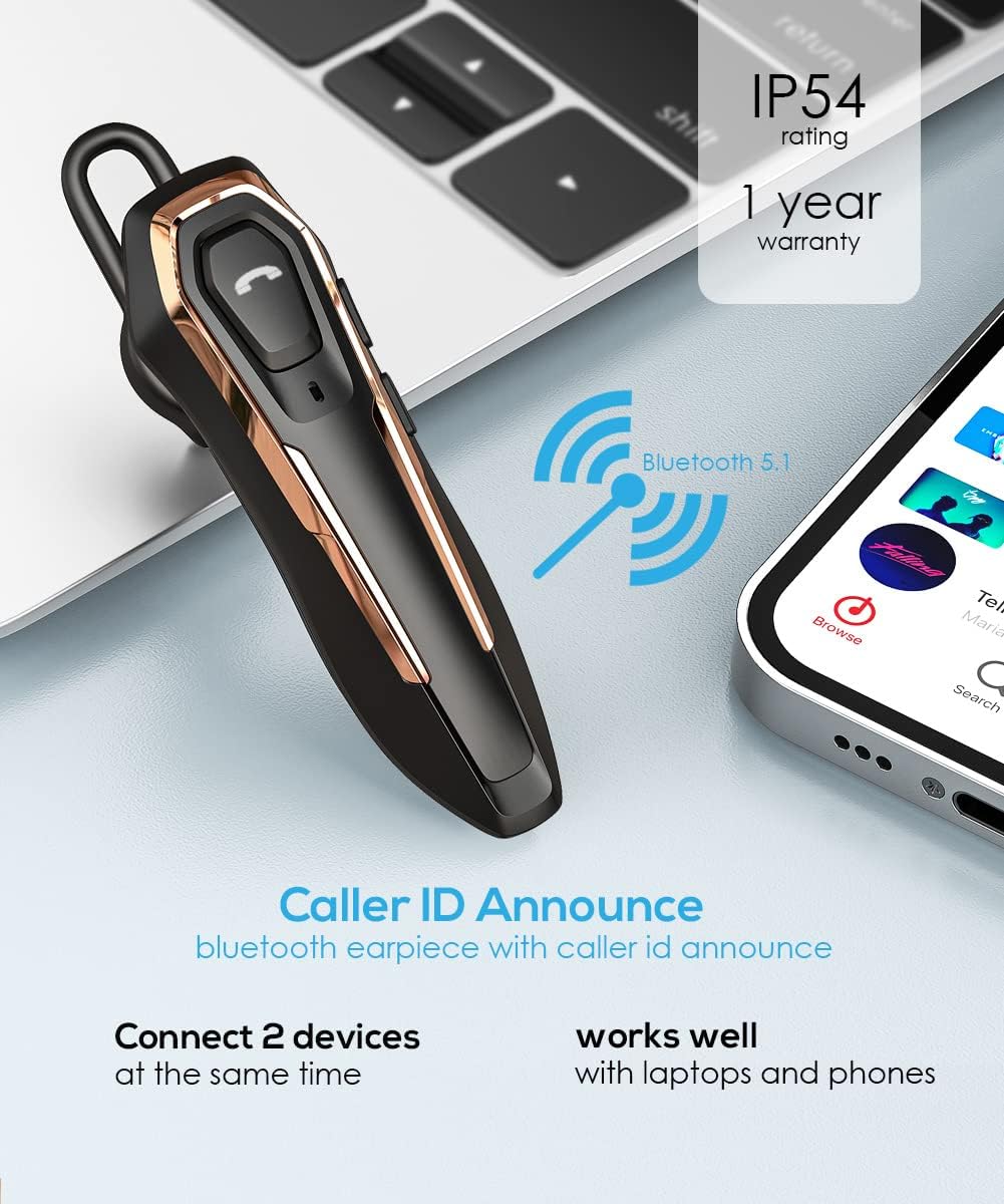 Single Ear Wireless Bluetooth Headset, 30H Talking Time, Dual Noise Cancelling Mic Hands-Free Calls, Hands Free Earpiece, Call Reminder Function, for PC, Laptop, Gold, DY25