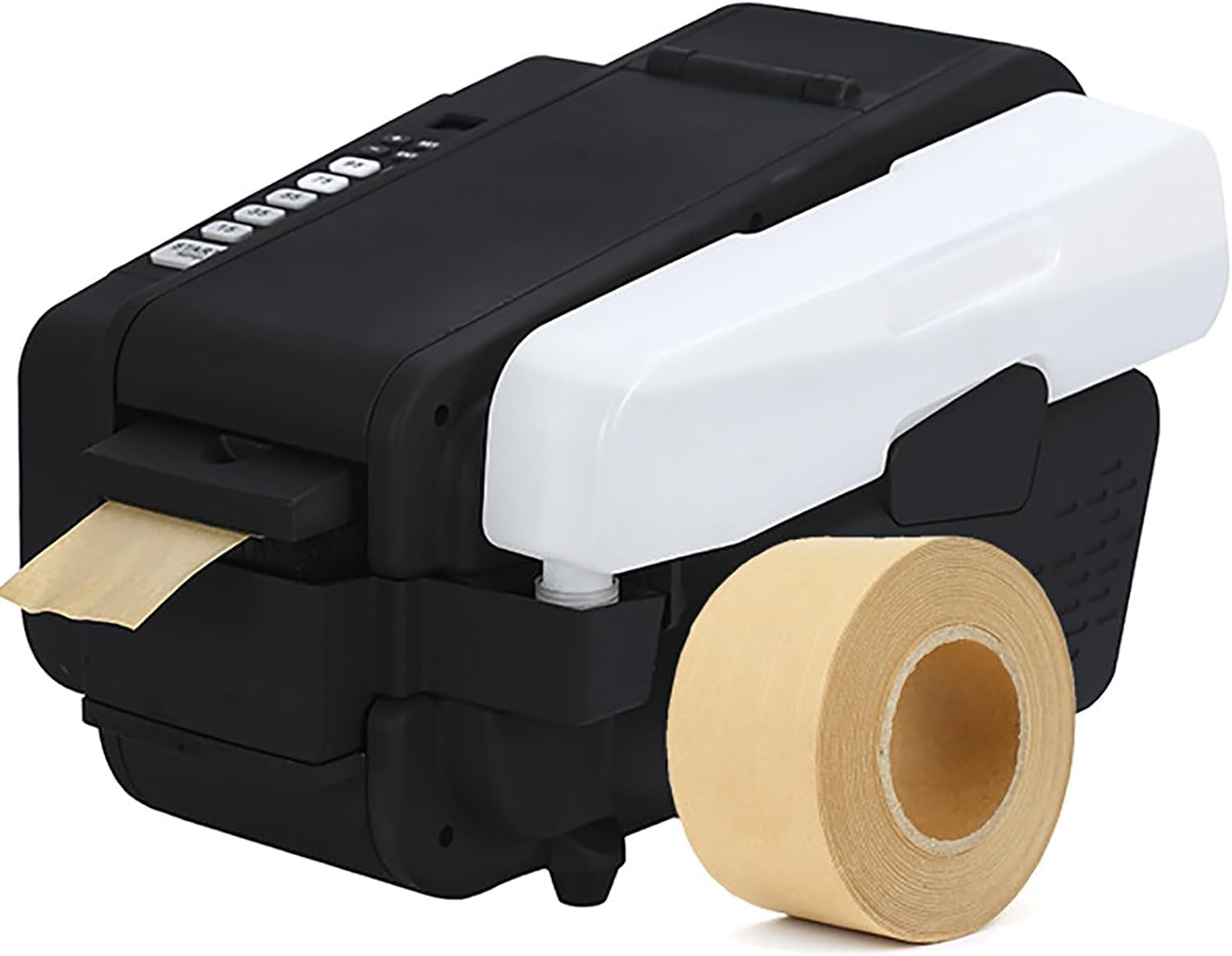 Dispenser automatico di nastro adesivo kraft gommato con tubo flessibile regolabile e modalità multiple per imballaggi e scatole regalo.