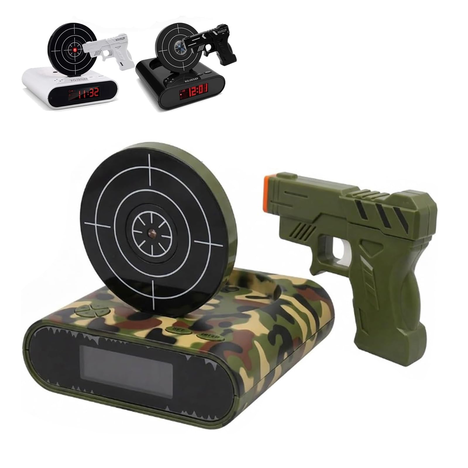 Sveglia interattiva con pistola e bersaglio, timer digitale LED 2 modalità allarme, orologio personalizzato per sonno pesante (Army Green)