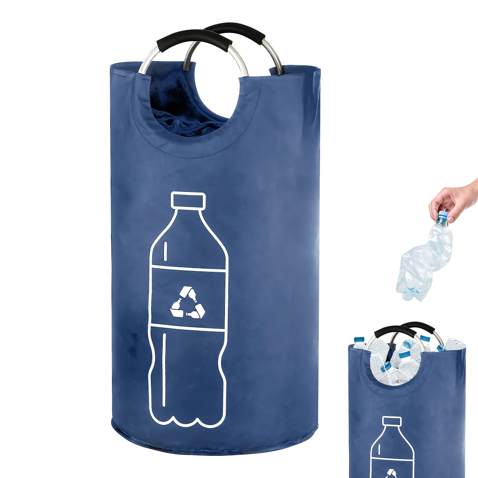 Nexoria Reusable Recycling Bags with Handle, Foldable Recycling Deposit Container, Bottle Basket & Toy Bags for Kitchen Home Office Heavy Duty Reusable Storage, Easy Clean (Navy)
