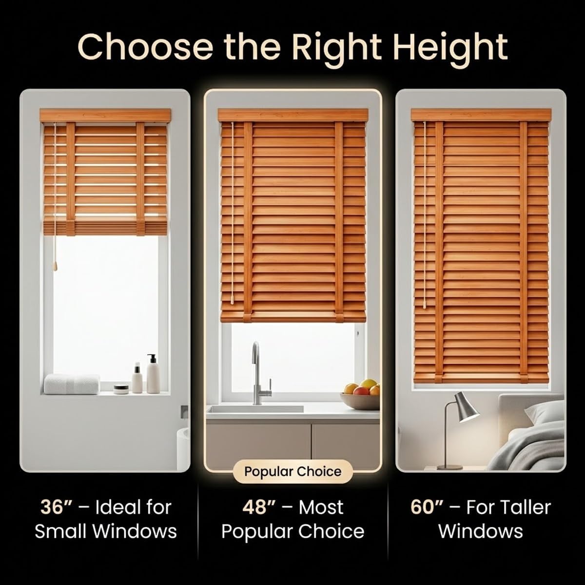 2" Real Wood Blinds Cordless 35x36in 35x48in 35x 60in, Horizontal Window Blinds for Kitchen Bathroom, Privacy Room Darkening Wooden Window Shades(Black,34" W x 48" H)