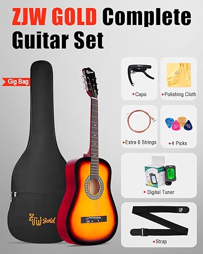 Miniatura 9 de ZJW GOLD Guitarra acústica para principiantes, niños, adolescentes y adultos, kit de guitarra clásica de 38 pulgadas con bolsa de concierto, correa,
