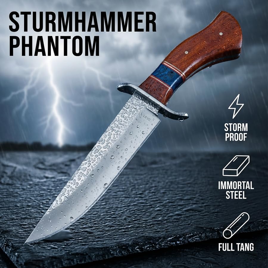 Couteau Outdoor 32cm – Lame Straight-Back avec Finition Marteau, Garde Classique en S en Acier Inox, Poignée Ergonomique en Bois avec Bleu Stabilisé, Compagnon Élégant pour la Nature