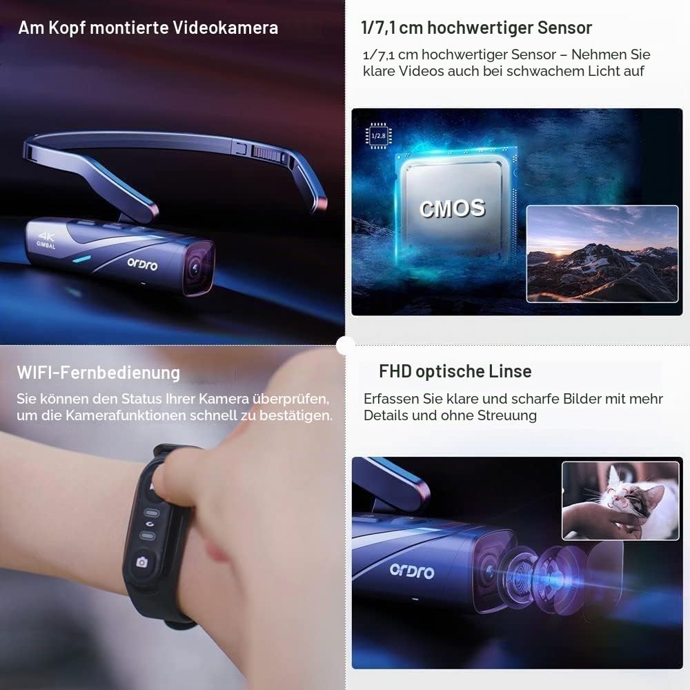 ORDRO Videokamera 4K EP8 Tragbare Kamera POV-Aufnahmen, Ultra HD 4K 60fps Camcorder mit 1/2,8" Sensor, 2-Achsen-Gimbal-Stabilisator, 2,4/5G WiFi, Mit Fernbedienung und 64GB MikroSD Karte