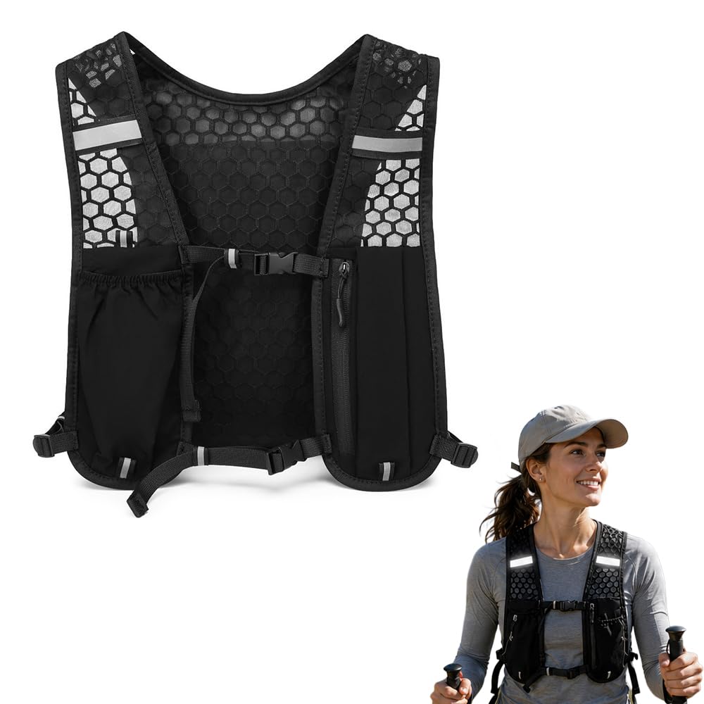 Running Hydration Vest Backpack Lightweight Breathable Marathon Vest Pack with Phone Holder, Reflective Trail Running Backpack for Hiking Cycling Jogging Racing Men Women (black)