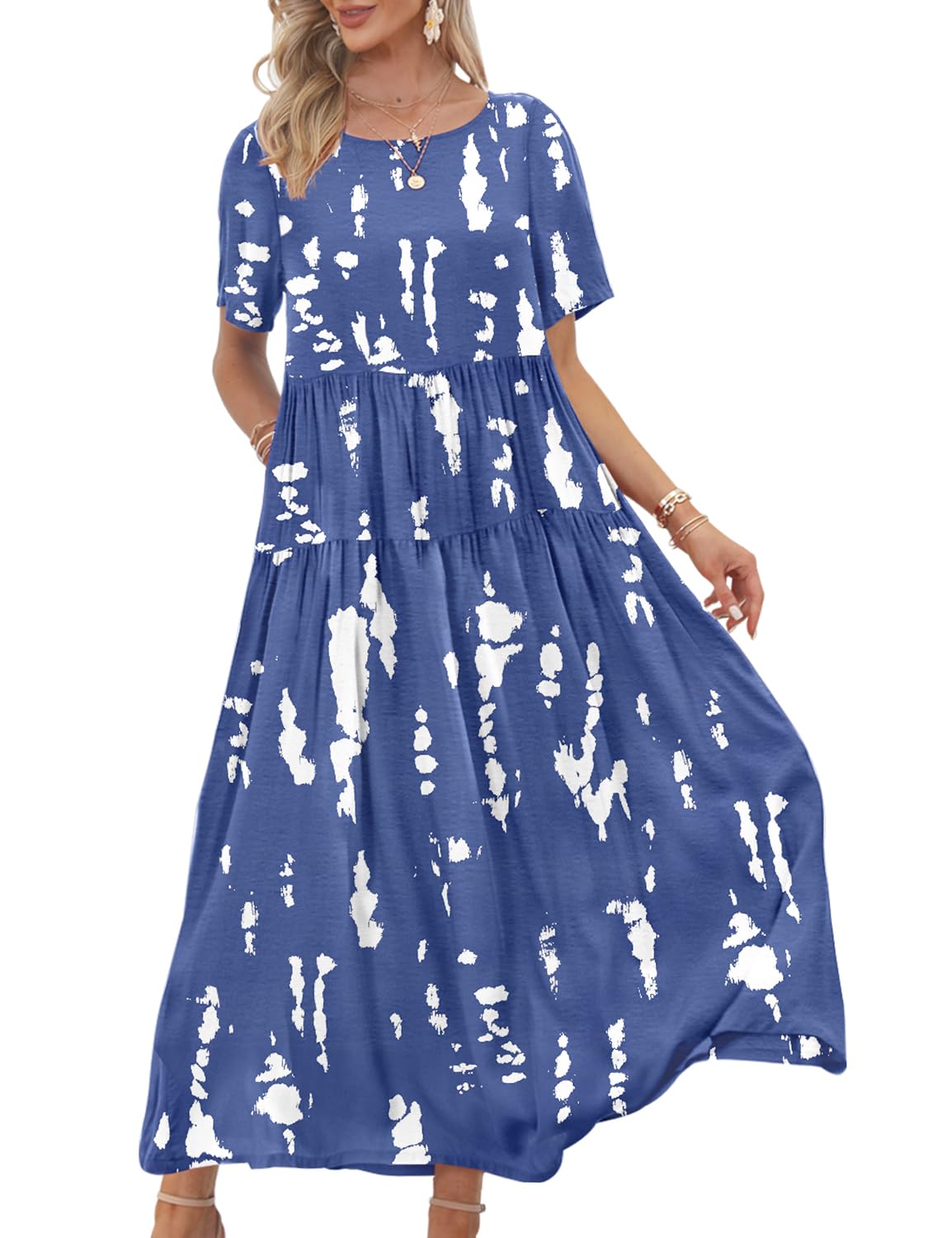 YESNO Damen Kleider Freizeit Lose Sommerkleid Lang Boho Maxikleid für Rundhals Strandkleid Blumenkleid EJFDE