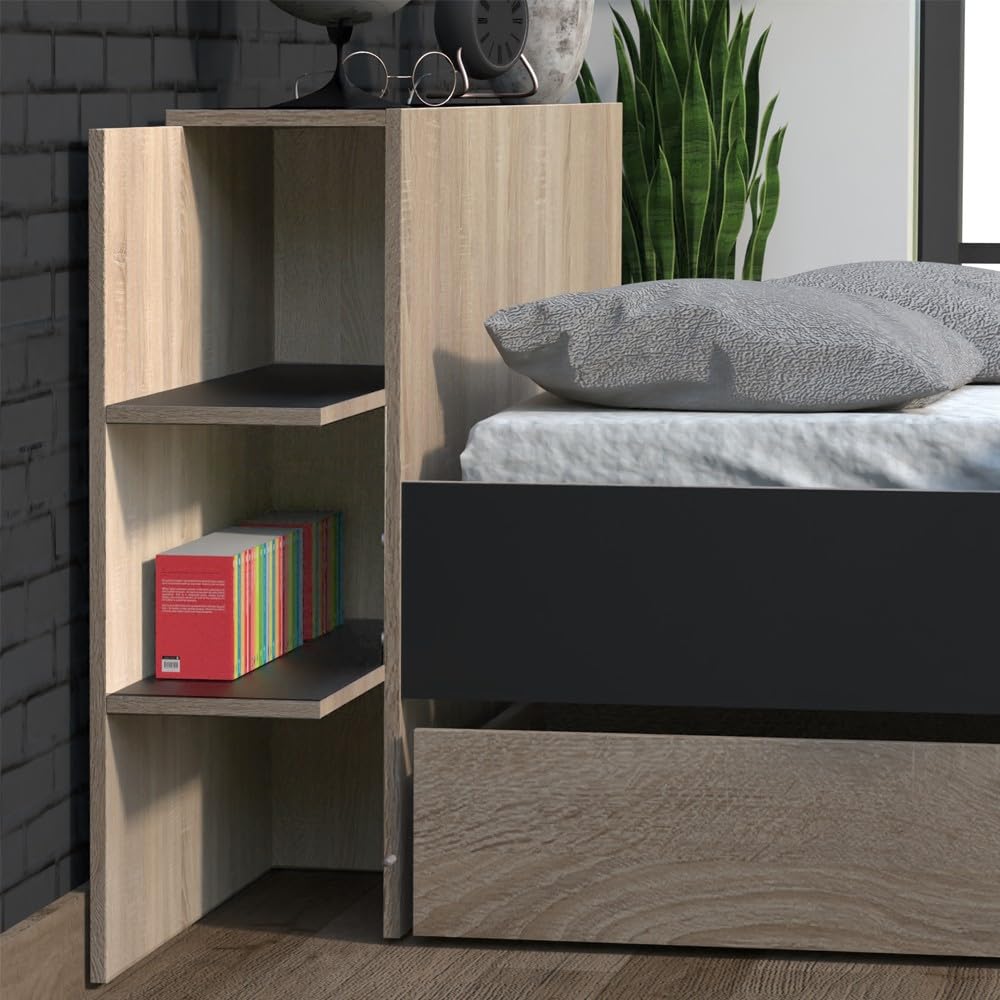WEBER INDUSTRIES Lit City 140x190 + tête de lit Chevet+ 1 tiroir/Décor Noir & chêne Blanchi